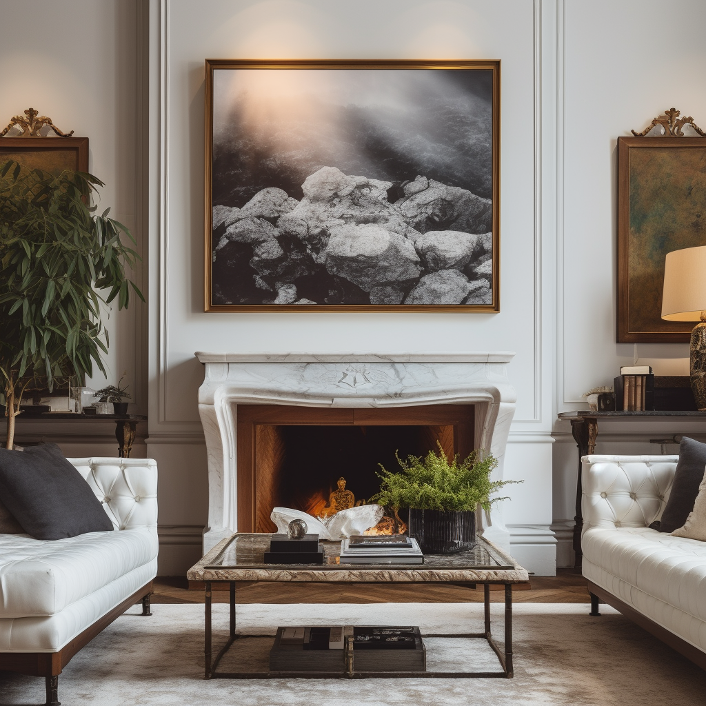 A living room with white couches and a fireplace.