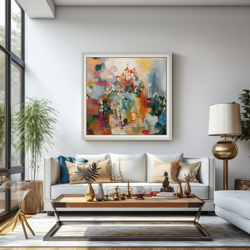 A modern living room with a colorful painting on the wall.