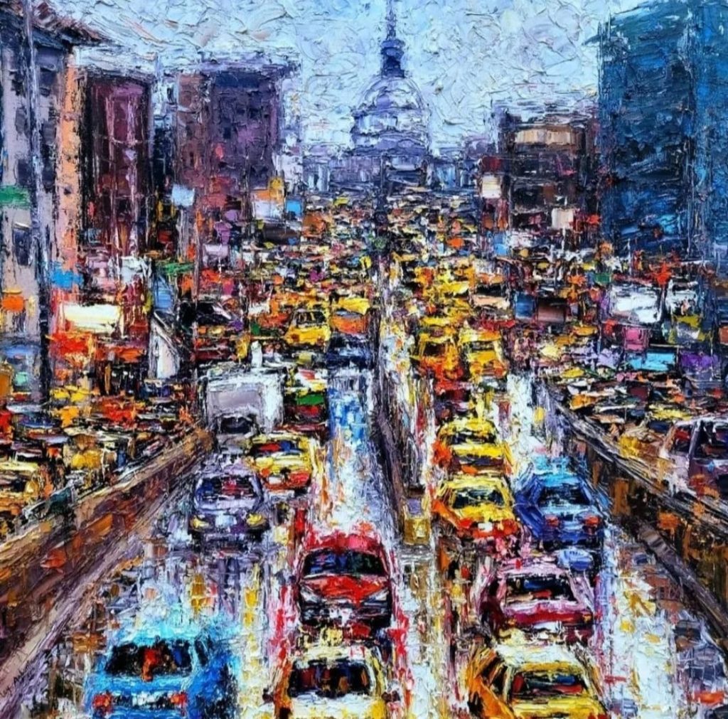 A painting of a city street with lots of traffic.