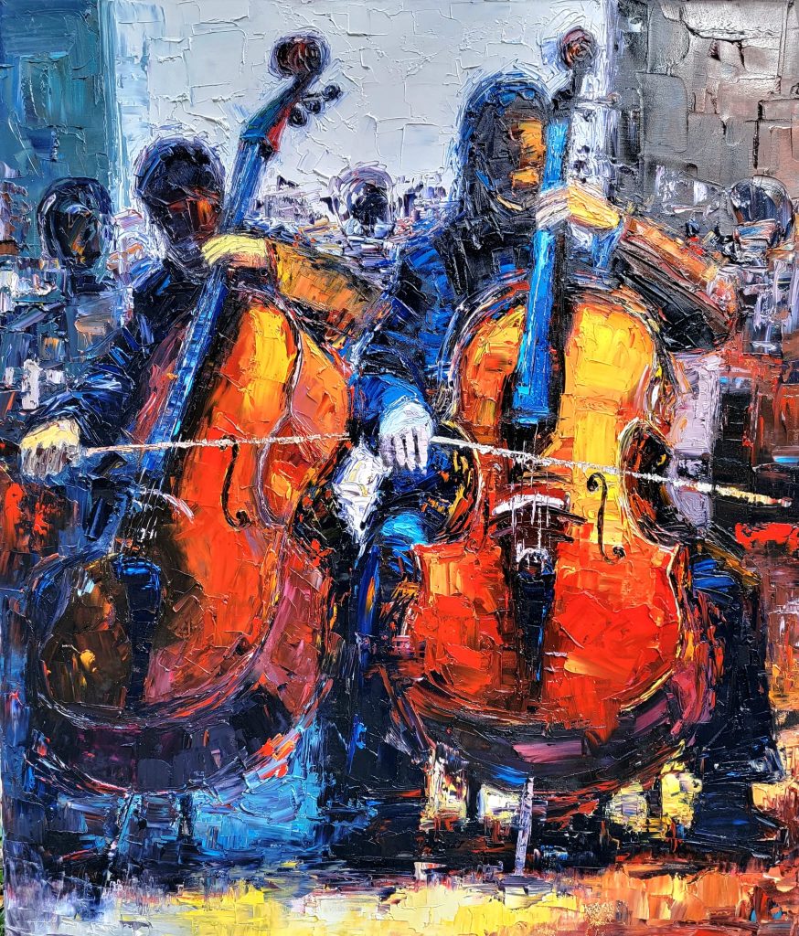 A painting of two cellists playing in an orchestra by DC Artist.