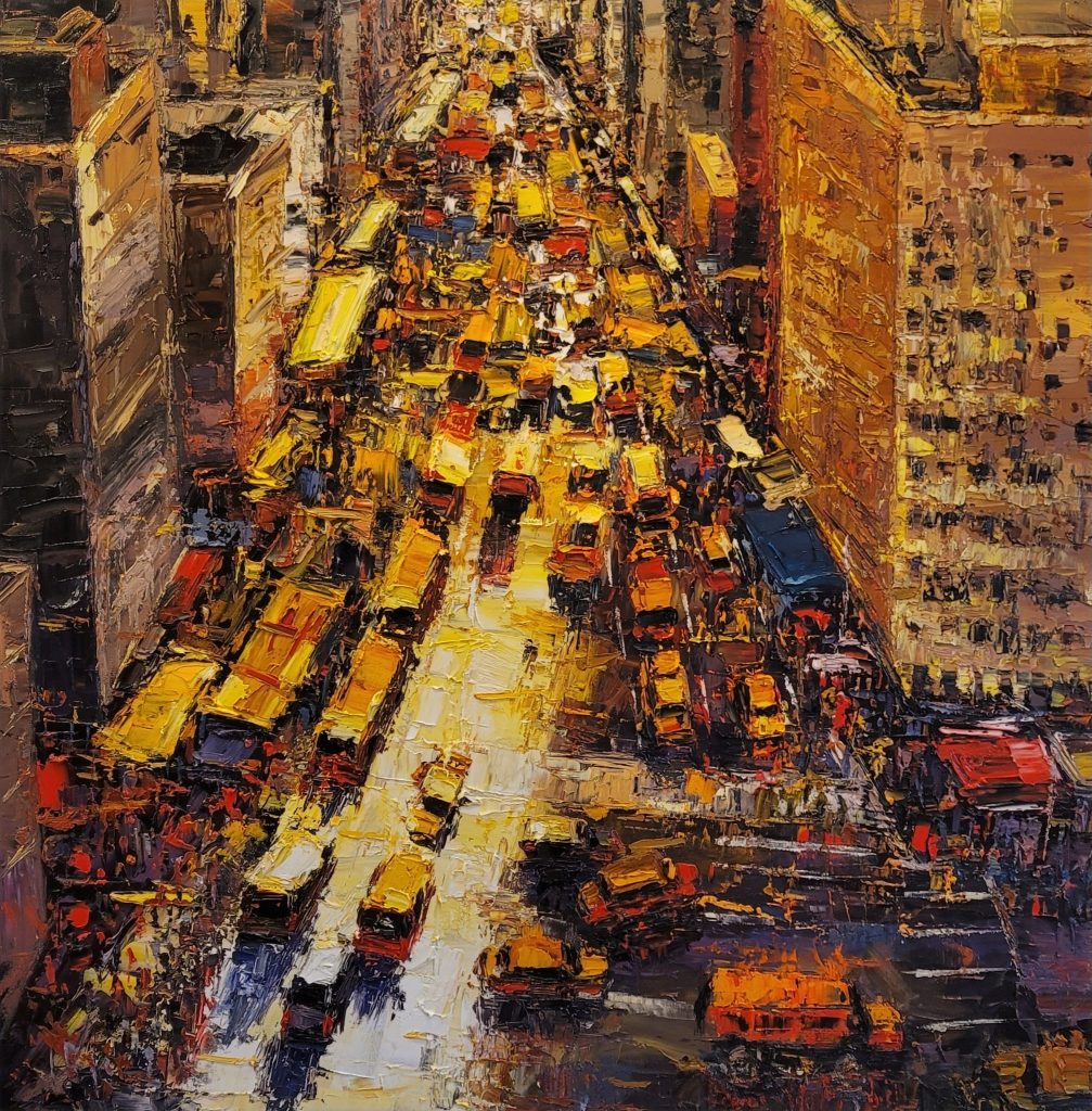 A painting of a city street with cars and buses.