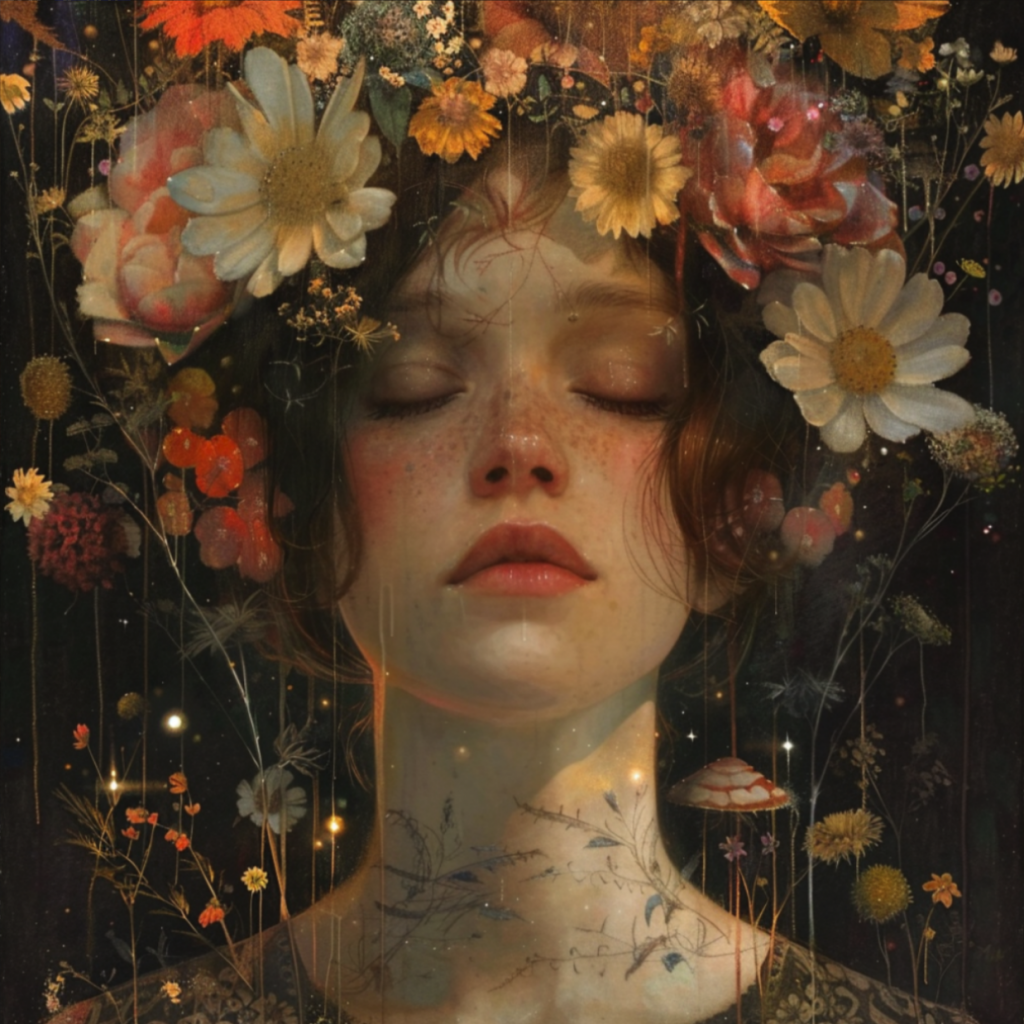 A painting of a woman with flowers on her head.