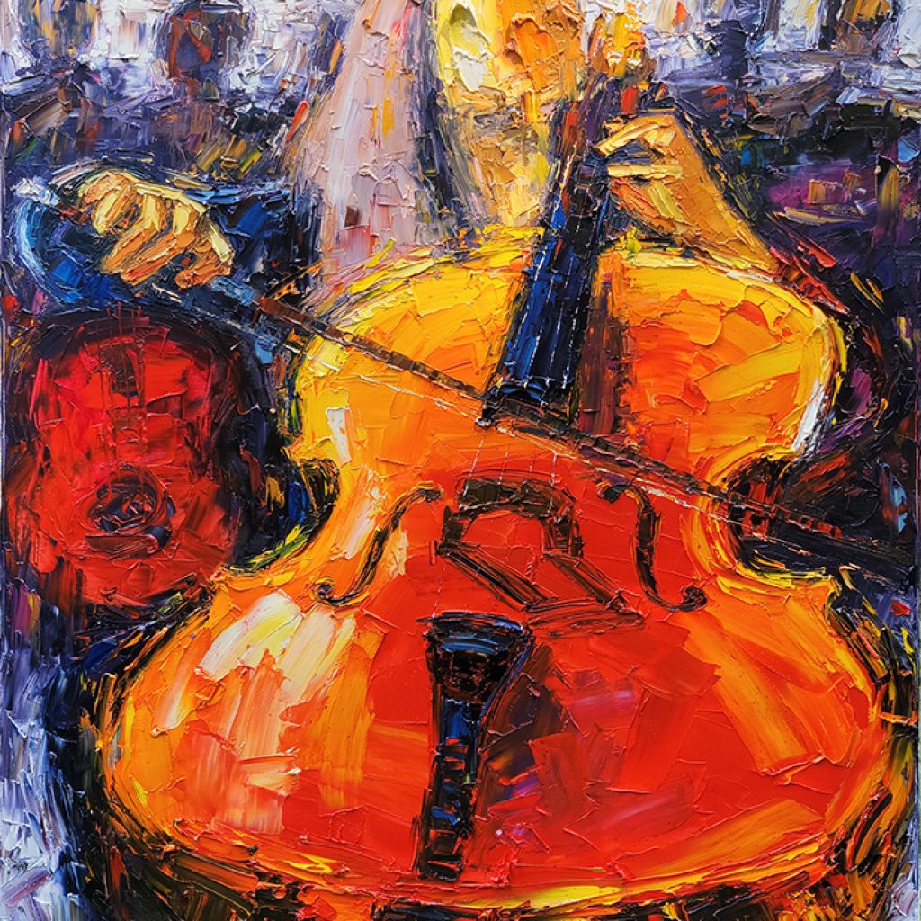 Vibrant oil painting of a cello with expressive, thick brushstrokes.