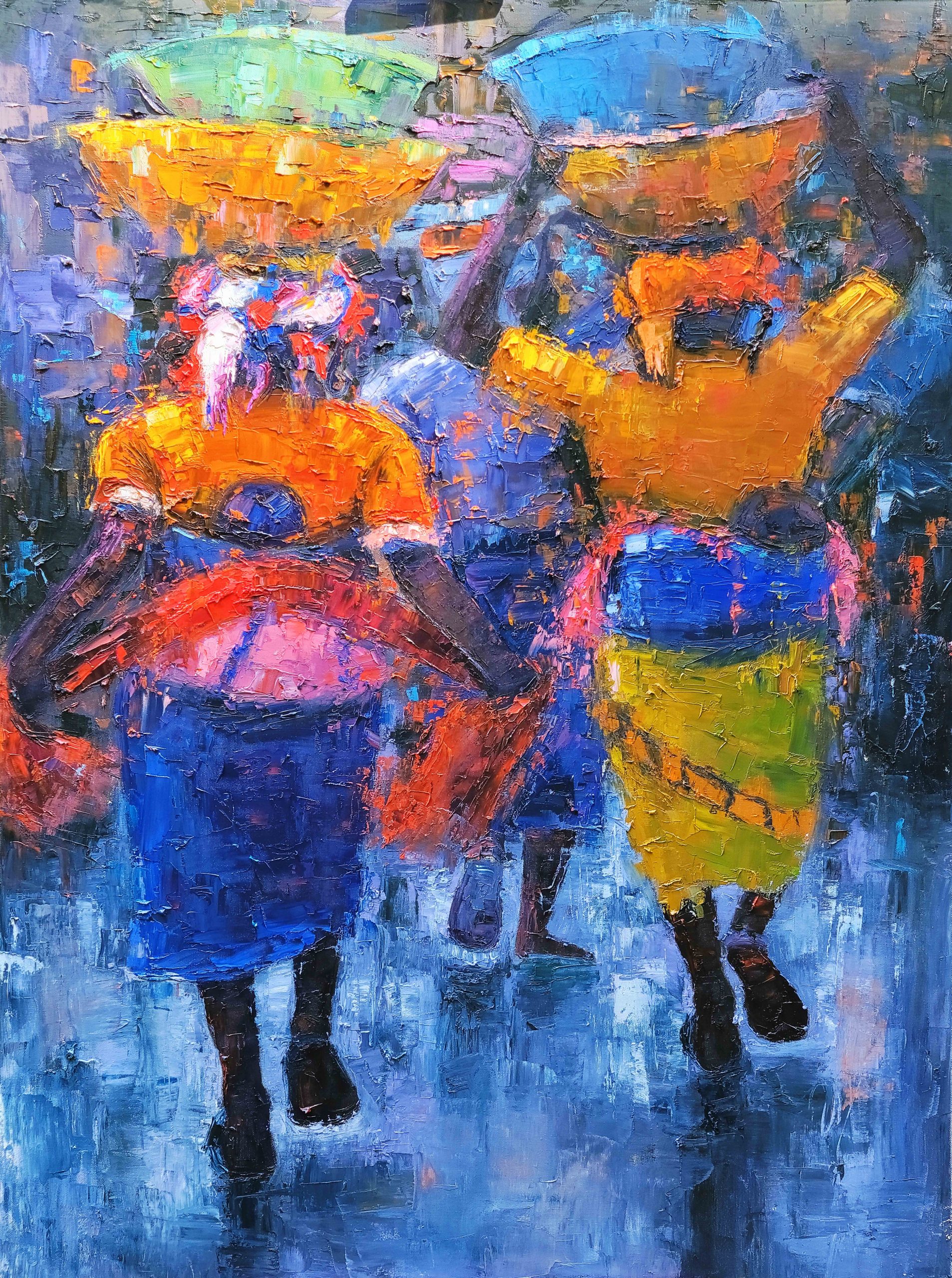 Colorful expressionist painting of three figures walking with baskets on their heads.