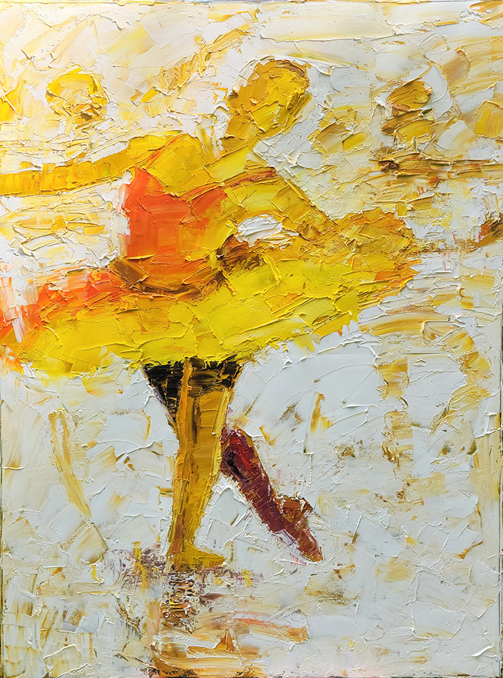 Impressionistic painting of a dancer in a yellow dress.