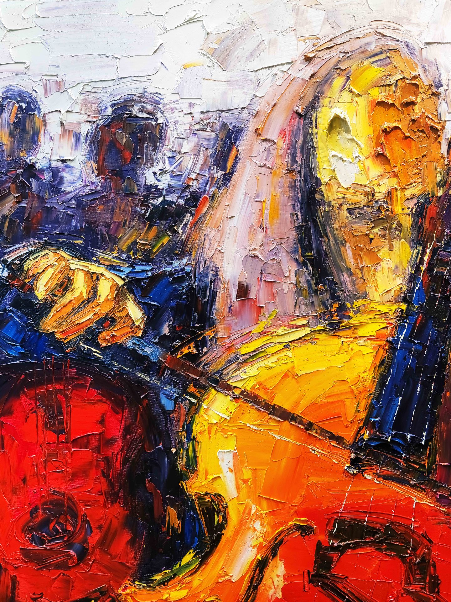 Abstract oil painting with bold, impasto brushstrokes in vibrant hues of red, blue, yellow, and white.