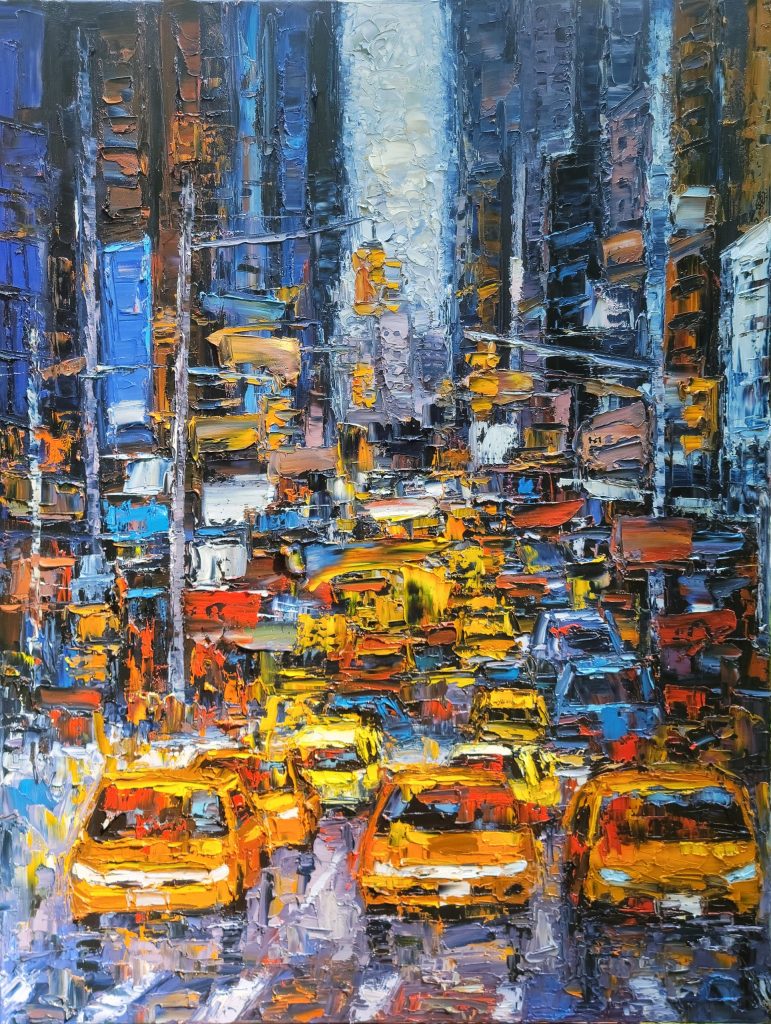 Colorful abstract painting of a bustling city street filled with yellow taxis.