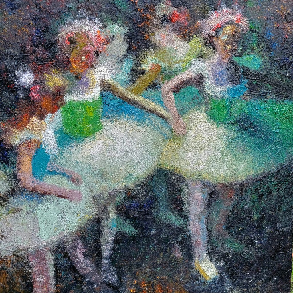 Two impressionist-style painted figures resembling ballet dancers in costume.