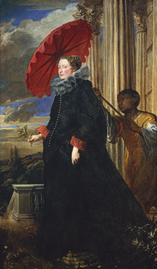 A baroque-era painting of an elegantly dressed woman with a large red hat, accompanied by a servant, against an architectural and landscape backdrop.