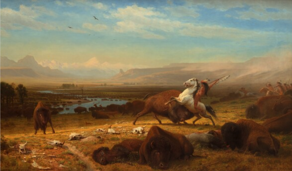 An oil painting depicting a native american on horseback overlooking a vast landscape with bison and skeletal remains.