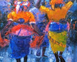 A painting of two women carrying baskets in the rain, exhibited by an artist in DC.