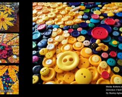 A Mosaic artwork of buttons and flowers on a table done by stanley Agbontaen for a School in Washington DC.