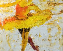 A painting of a ballerina in a yellow dress displayed in an art gallery in DC.