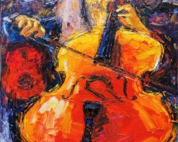 An oil painting of a cellist playing a cello displayed in DC.