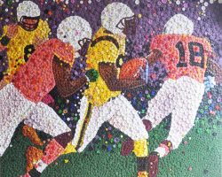 A mosaic painting of football players running the ball.