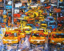 An oil painting of a busy street with yellow taxis, displayed as artwork in DC.