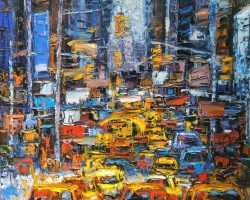 An oil painting of a busy street with yellow taxis, displayed in an art gallery in DC.