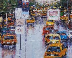 A mesmerizing artwork of a city street with cars gracefully navigating through rain, brought to life by a talented artist in DC.