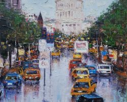 A painting of a street scene with taxis and a capitol building painted by DC local artist.