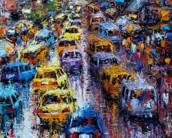 A painting of a busy street with many cars painted by dc artist.