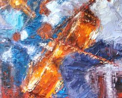 An oil painting of a cellist and a musical group.