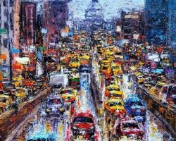 A painting of a city street with lots of traffic.