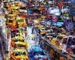 A painting of a busy city street with many cars.