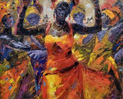 A vibrant painting of African dancers in bright colors by a DC artist.