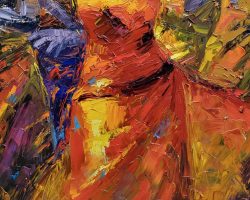 A painting of a woman in an orange dress.