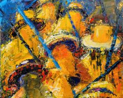 A vibrant painting capturing a group of people adorned in eye-catching yellow hats, created by talented DC artists in one of the prestigious Washington DC art galleries.