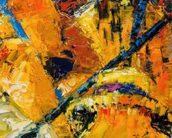 An oil painting of a group of people in yellow hats.