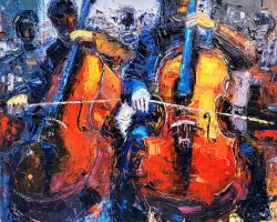 A painting of two cellists playing in an orchestra by DC Artist.