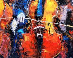 A painting of a cellist playing a cello.