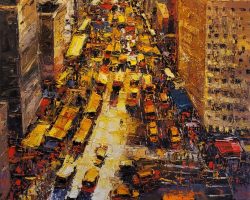 A painting of a city street with cars and buses.