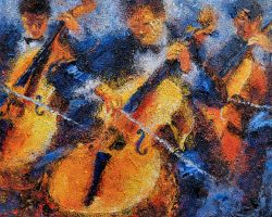 A painting of three cellists playing music.